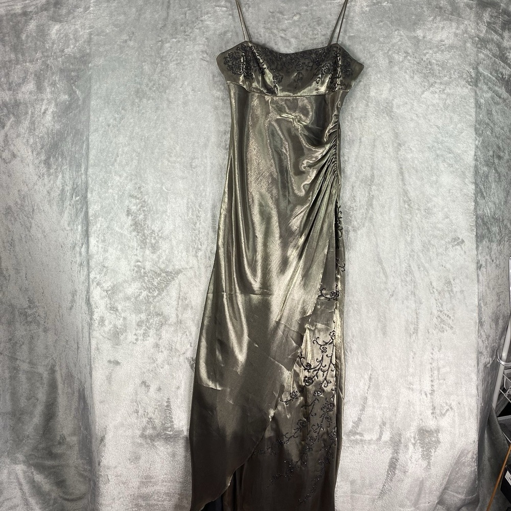 Vintage 90s Gown Womens Size S Green Gold Fairy Prom Beaded Metallic Maxi Dress